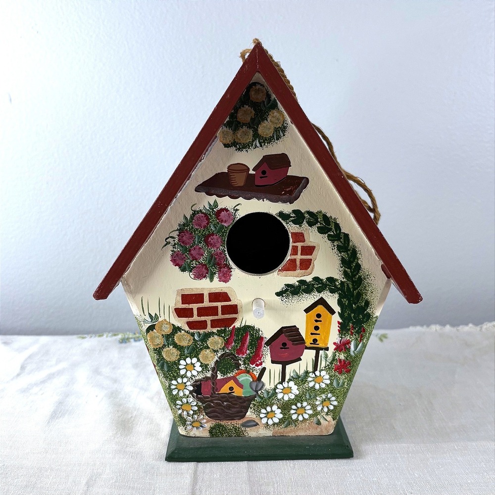 Hand Painted Wooden Birdhouse Garden Shed Antique Shop Floral Folk Art Decor